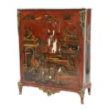 A French Louis XV and later red lacquer chinoiserie side cabinet,