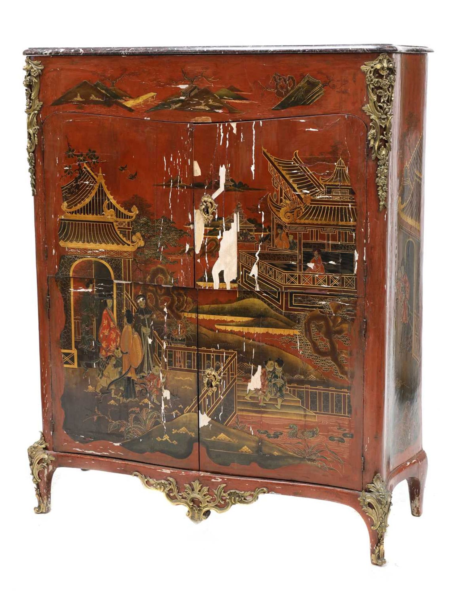 A French Louis XV and later red lacquer chinoiserie side cabinet,