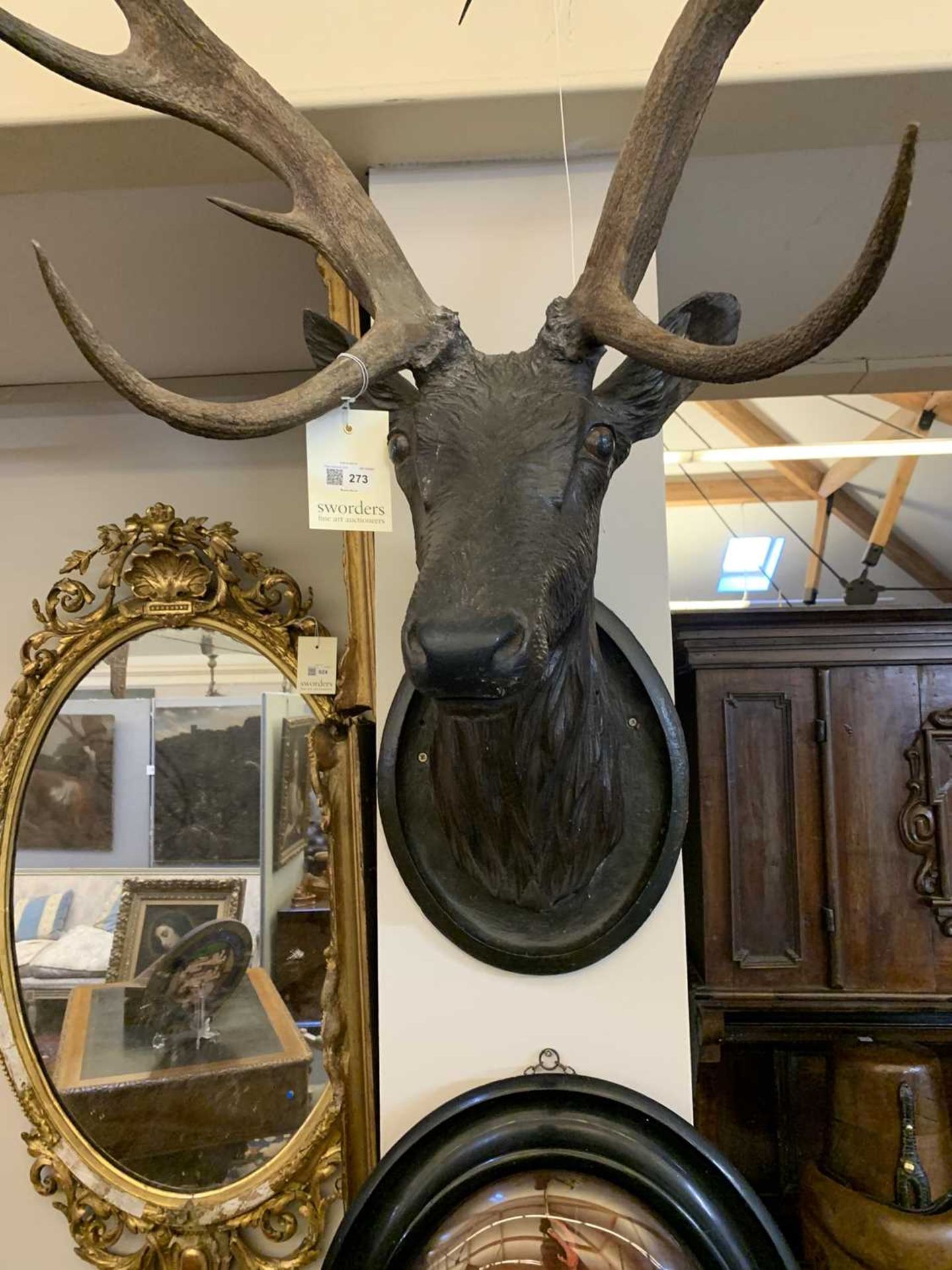 A Black Forest carved wood stag's head, with mounted antlers, - Image 7 of 16