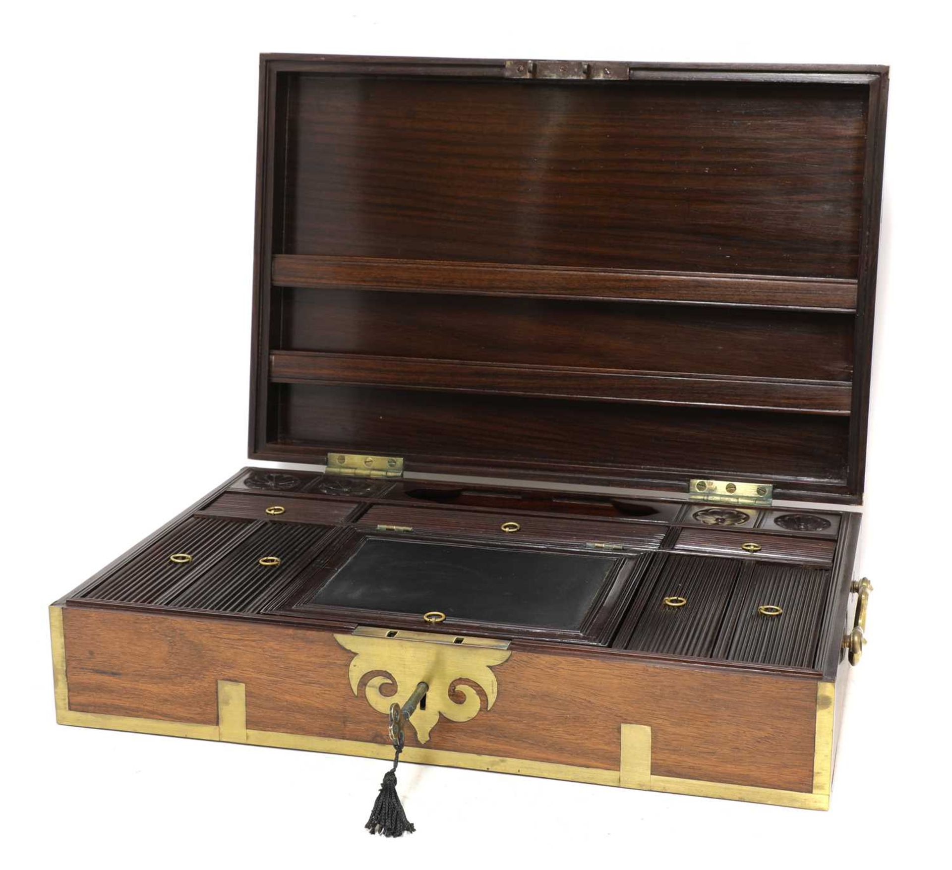 A large Indian padouk and brass-mounted writing box,