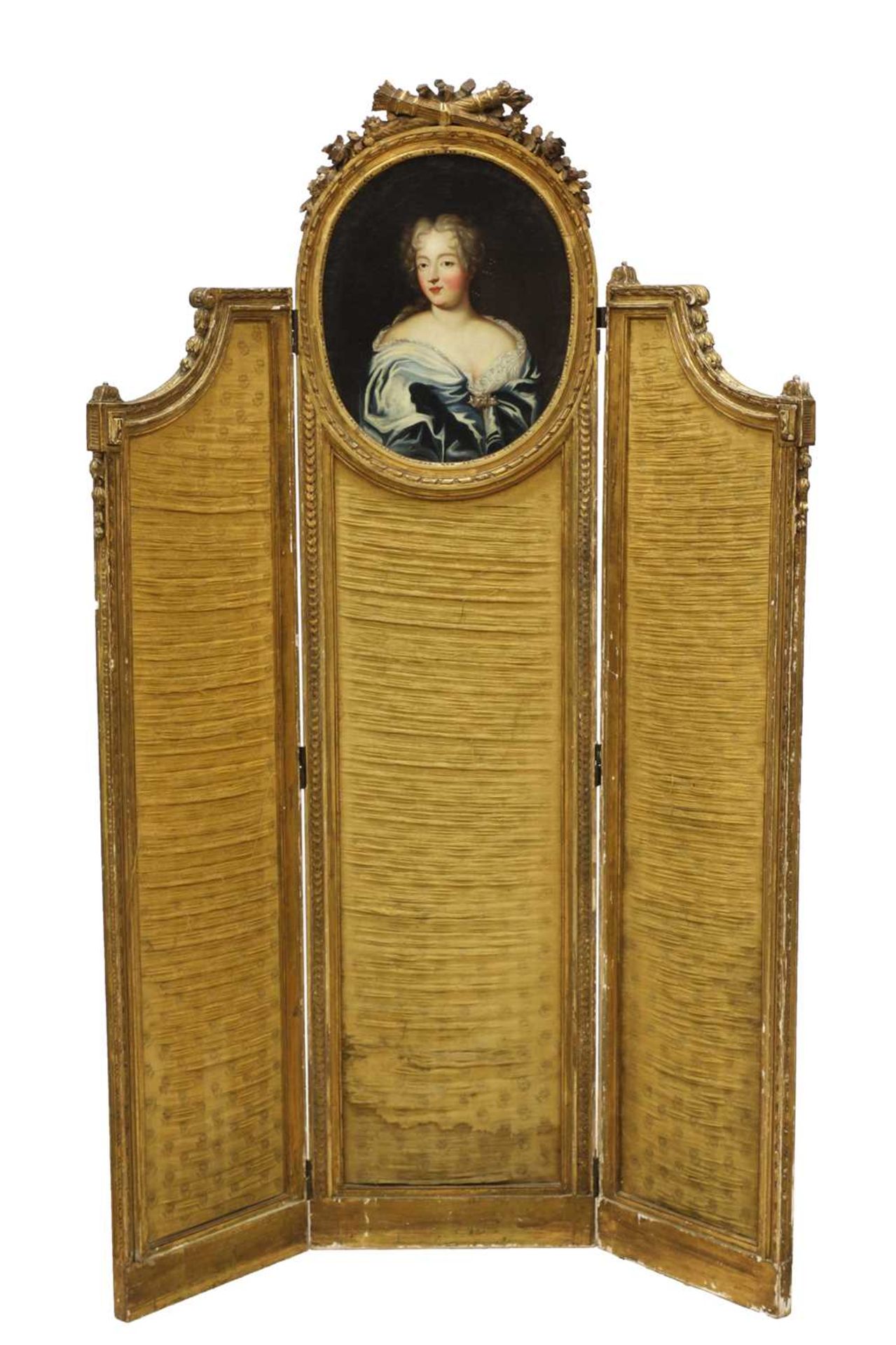 A Louis XVI-style French carved and gilded three-panel screen,