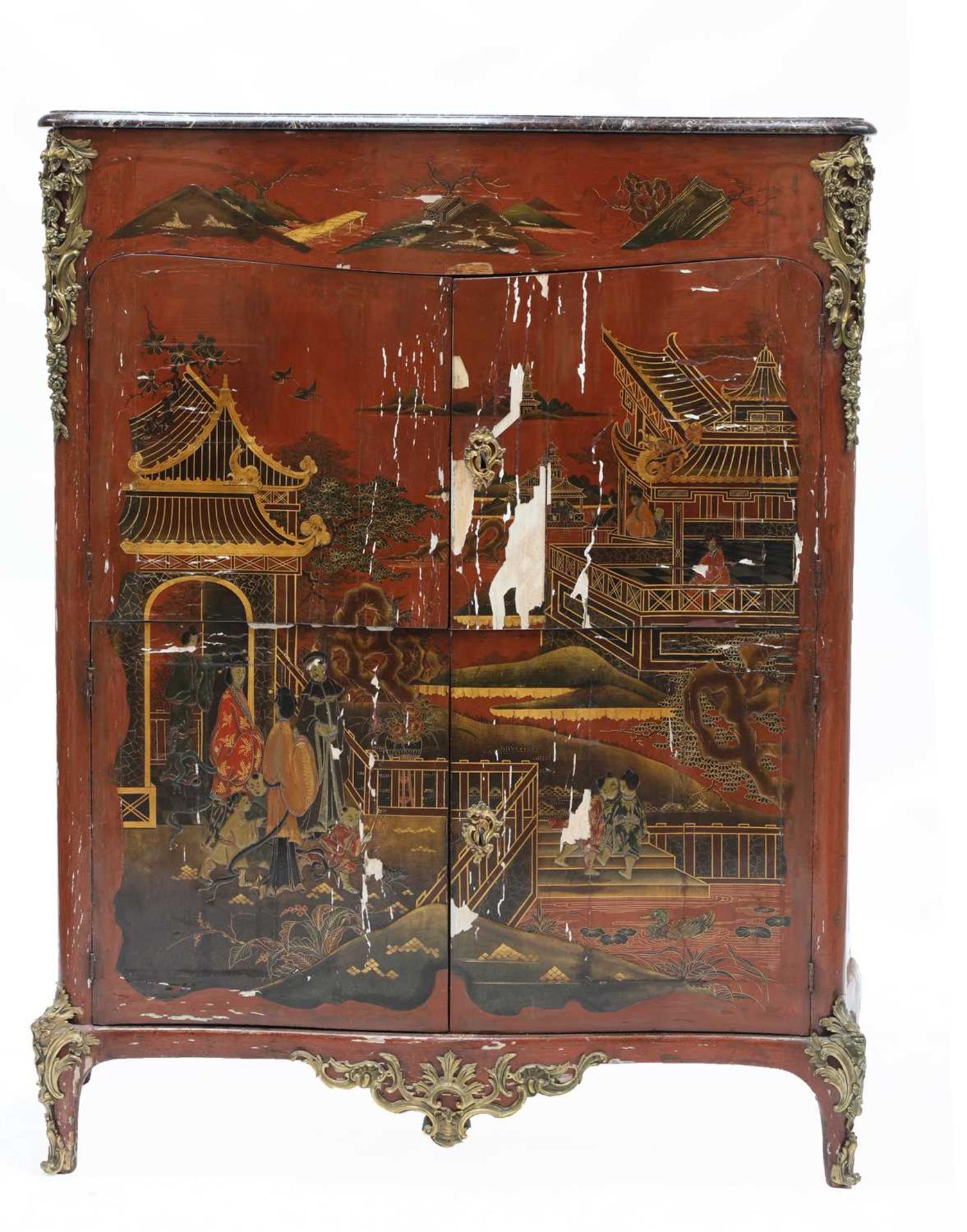 A French Louis XV and later red lacquer chinoiserie side cabinet, - Image 2 of 16