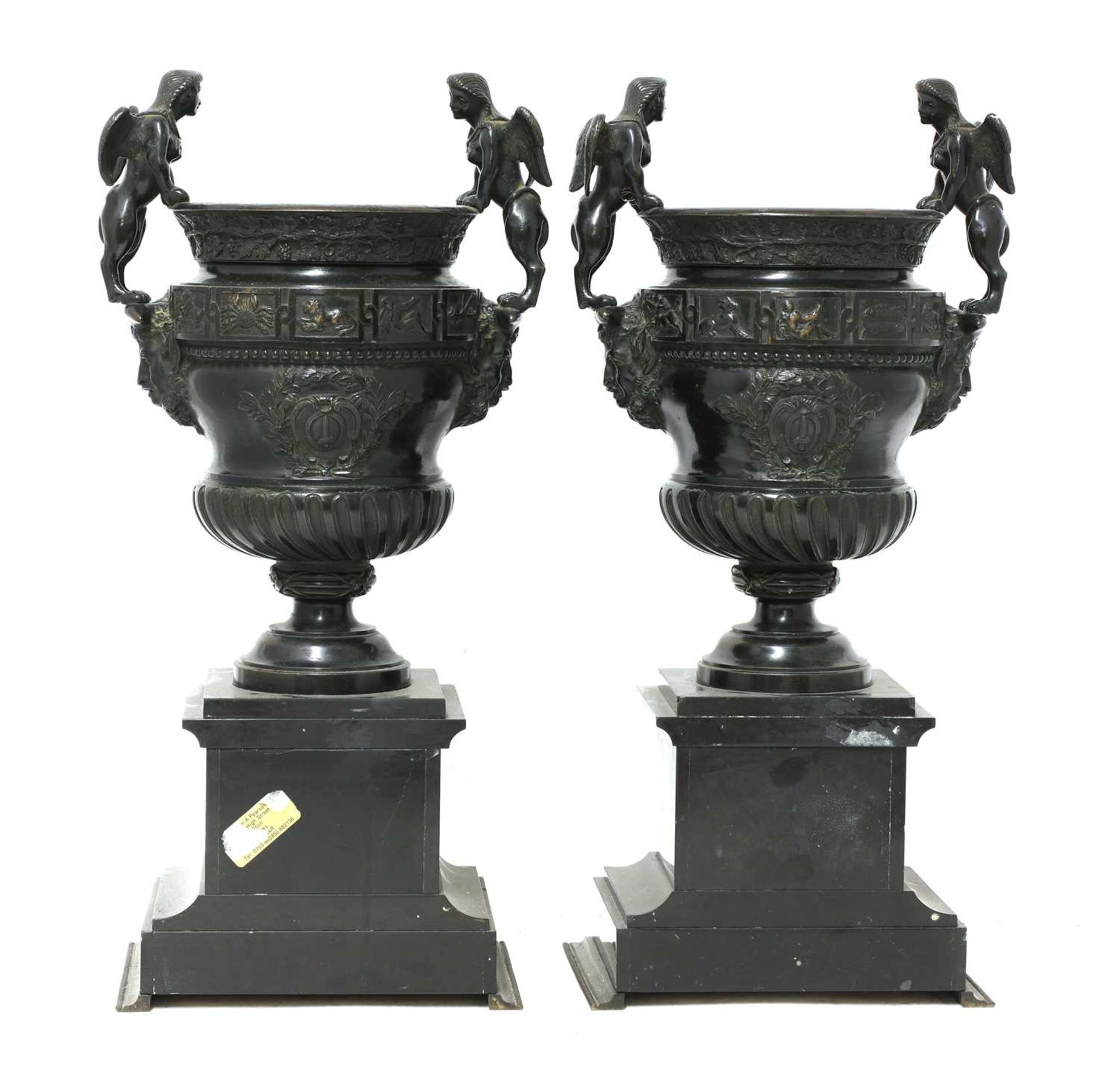 A pair of French bronze and marble garniture urns, - Image 4 of 4