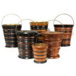 A collection of five Dutch turned wooden peat buckets,