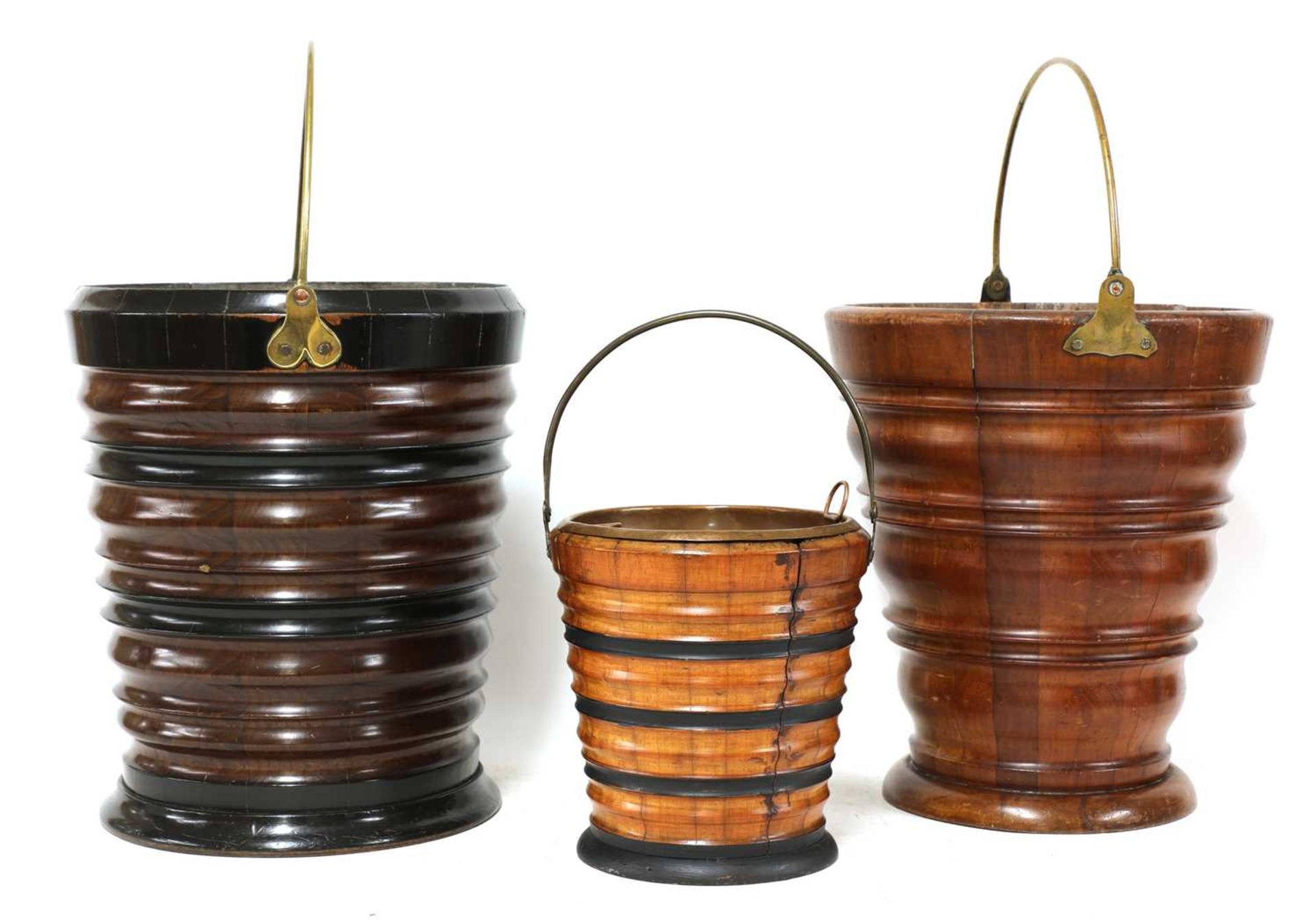 A collection of five Dutch turned wooden peat buckets, - Image 2 of 5