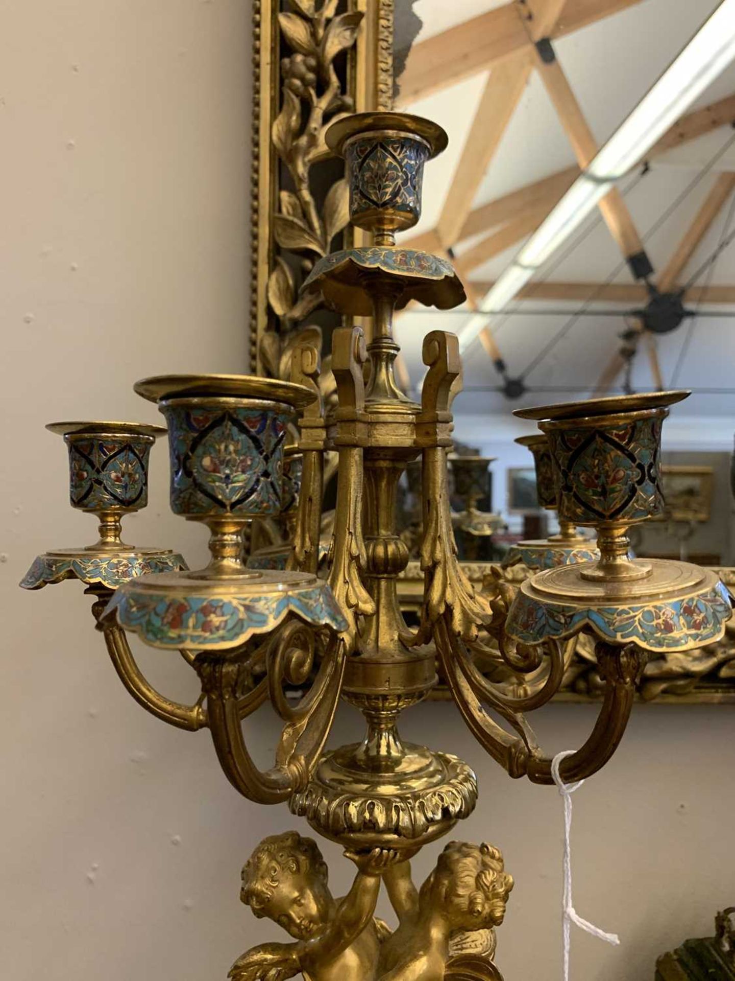 A pair of gilt-bronze and champlevé enamel six-branch candelabra, - Image 8 of 15