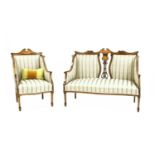 An Edwardian strung and inlaid beechwood settee and chair