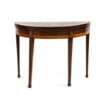 A George III mahogany satinwood demilune foldover card table,