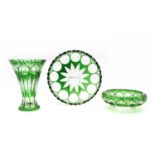 A group of three green overlay cut glass items,