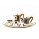 An Art Deco silver on copper tea and coffee set on tray,