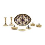 A Royal Crown Derby Imari pattern porcelain dressing table set,