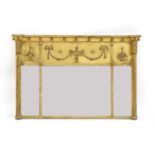 A large gilt framed triple overmantle mirror,