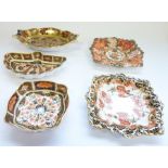 Five Royal Crown Derby trinket trays: Small salver – 5.25in, 1128-1976; Fan, 407, 1128-1922;