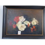 Continental School, an ebonised framed oil on canvas still life study of roses (20th Century),