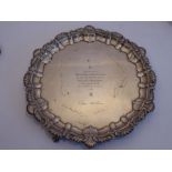 A heavy hallmarked silver presentation salver in mid-18th Century design; dated 6th June 1930 and