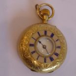 A lady's half-hunter 18-carat yellow-gold-cased fob watch with suspension loop; white-enamel dial