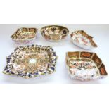 Five Royal Crown Derby trinket trays: Circular ten-lobed dish – 3.5in, 1128-1928; Fan, 407, 2649-