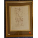A double framed and glazed pair of ink sketches, the obverse of a pair of stone arches with