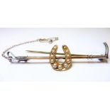 Victorian gold pearl mounted horseshoe and riding crop bar brooch