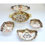 Five Royal Crown Derby trinket trays: Large salver – 7in, 6264-1901; Square, 3.25in, 2451-1937;
