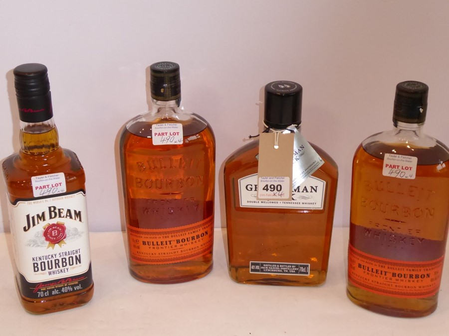 Three bottles of Kentucky and one bottle of Tennessee whiskey: 2 x Bulleit Bourbon, 1 x Jim Beam and - Image 2 of 2