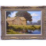 EDWARD HERSEY (b. 1948), an oil on canvas countryside study; duckpond before stone farm buildings