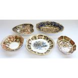 Five Royal Crown Derby trinket trays: Heart – 4.25in, 2451-1950s; Large oval – 5.75in, 1128-1940s;