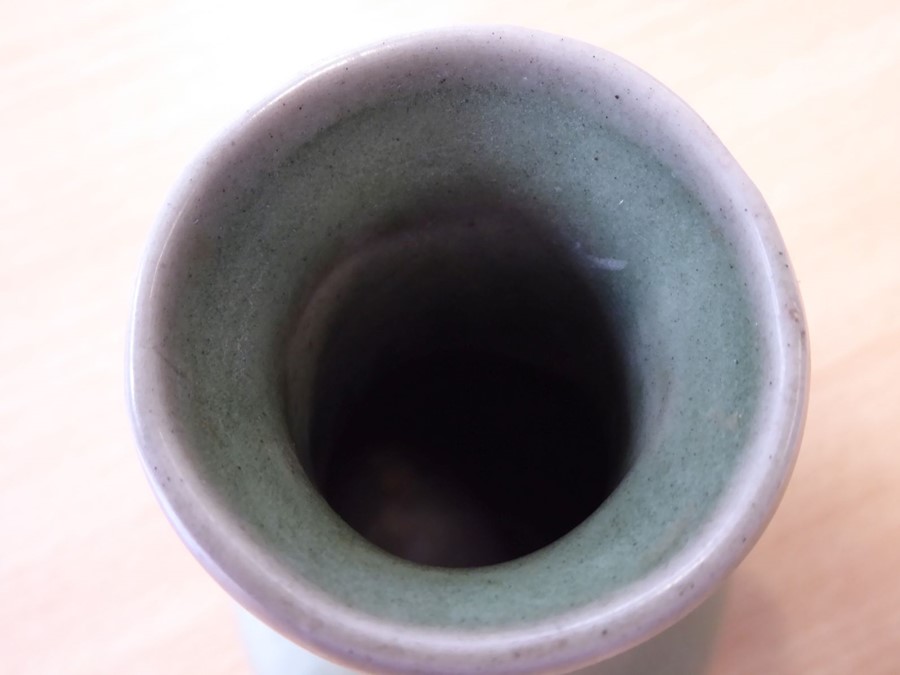 A Chinese Southern Song period small celadon glaze bottle vase; the lip above a slightly tapering - Image 6 of 16