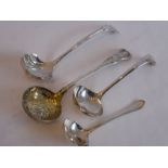 A selection of four hallmarked silver ladles to include Mappin & Webb and a 19th century double-