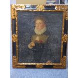 A gilt and ebonised framed oil on canvas study of an Elizabethan lady with a white ruff holding