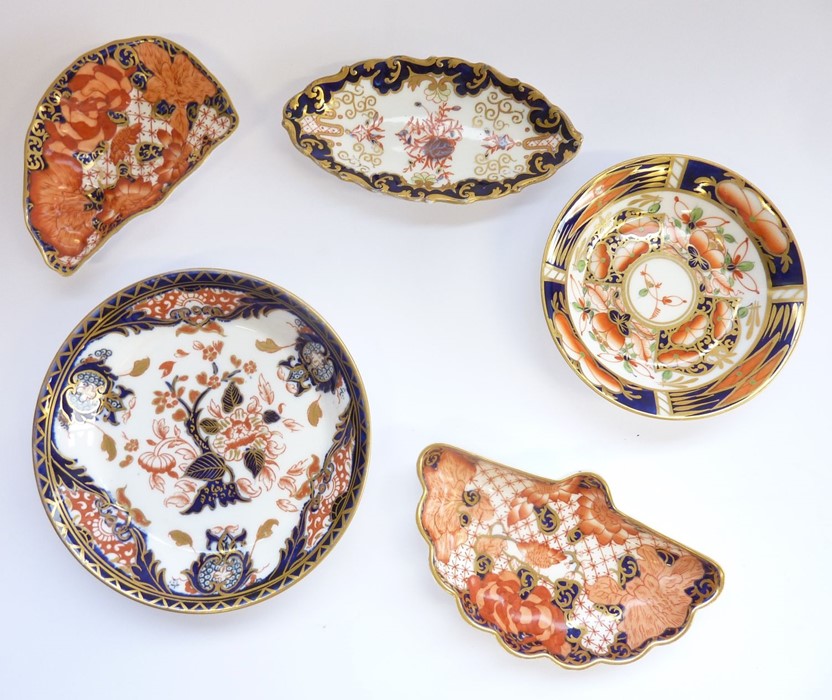 Five Royal Crown Derby trinket trays: Slim oval, 3788-1904; Oyster 4in, 2444 - c.1910; Fan, 2444- - Image 2 of 2