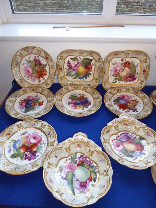 A fine early 19th century Coalport Feltspar porcelain dessert service comprising four square dishes, - Image 3 of 45