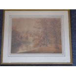 A gilt framed and glazed (later) 19th Century watercolour study, lake land scene with figures in top