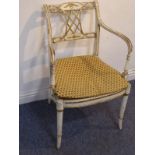 An early 19th century/George III period cream-painted and gilt-highlighted open armchair, the