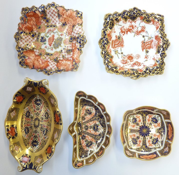 Five Royal Crown Derby trinket trays: Small salver – 5.25in, 1128-1976; Fan, 407, 1128-1922; - Image 2 of 2