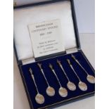 A cased set of six silver spoons  made by Bishton's to mark the centenary of the City of