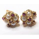 A pair of 9 carat ruby and pearl cluster ear studs
