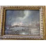 In the manner of Hendrick Avercamp (Dutch, 1587-1634), a gilt-framed oil on oak panel, frozen