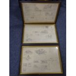 Three ebonised and parcel-gilt framed and glazed architect's drawings (different study sheets