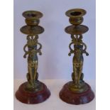 A pair of late 19th / early 20th century cast-brass candlesticks; modelled as seated big cats in