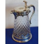 A good and large 19th century silver-plate-mounted glass lemonade/claret jug; the hinged lid with