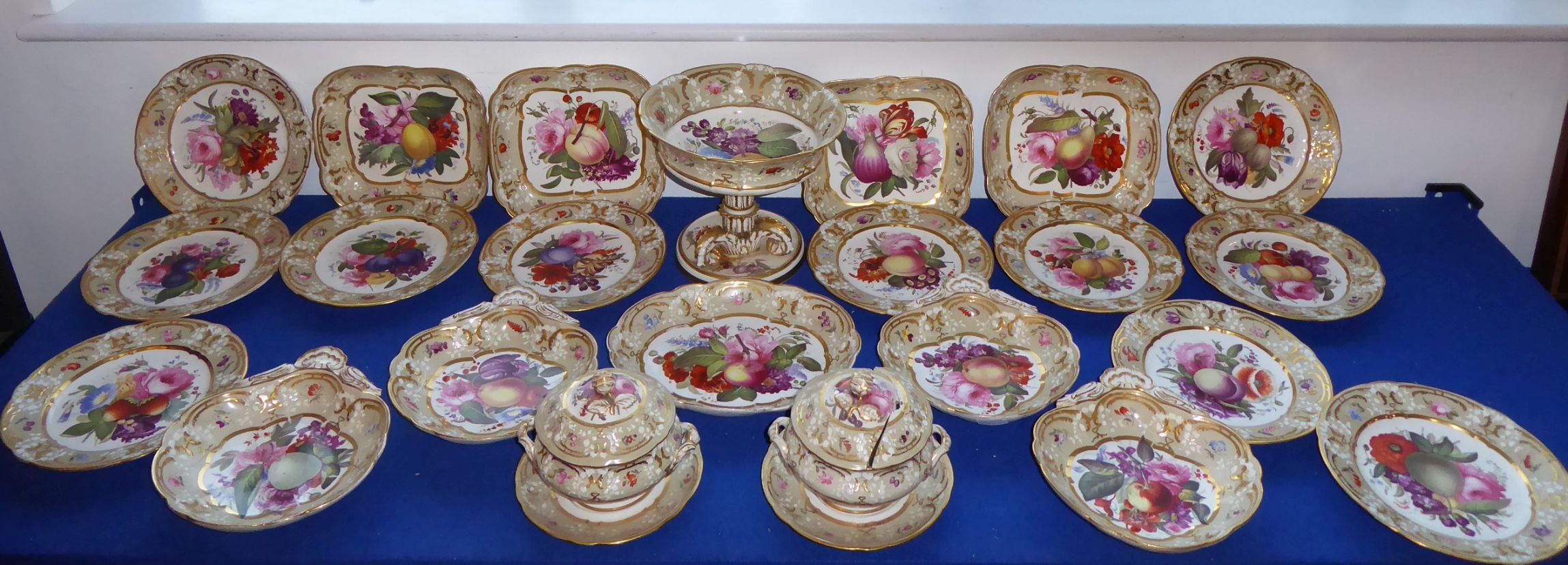 A fine early 19th century Coalport Feltspar porcelain dessert service comprising four square dishes,