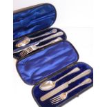 Two 19th century cased hallmarked silver knife, fork and spoon sets; each engraved with monograms