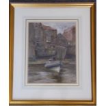 A gilt framed and glazed watercolour study, a man in a launch before harbour side buildings etc.,