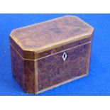 A George III period amboyna and boxwood-strung rectangular tea caddy; canted corners and with