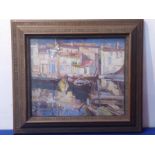 M. SURINGAR (20th C.), quayside scene (probably Southern France), boats before brightly coloured