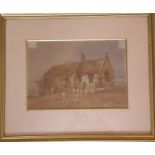An early 19th century ink and wash study of a chapel with a single figure seated in the graveyard,