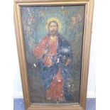 A large and heavy 18th/19th Century gilt framed oil on wooden panel devotional Greek icon