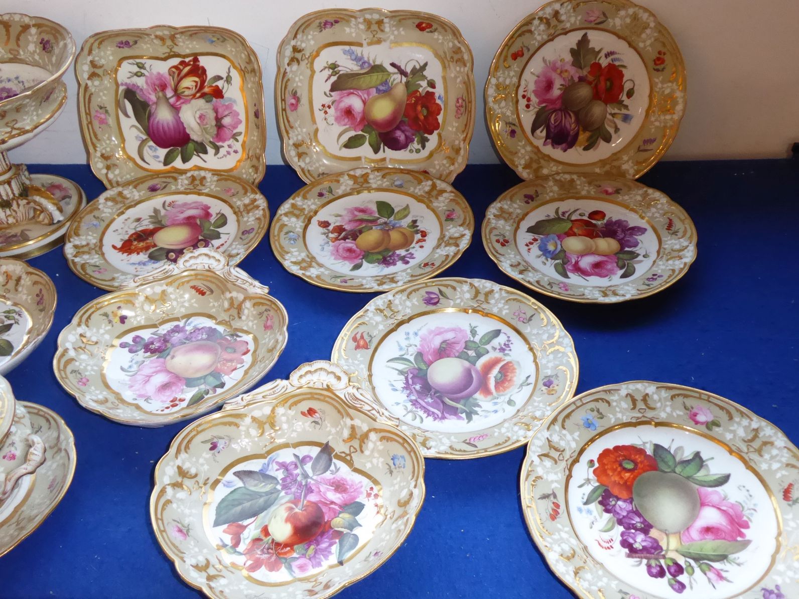 A fine early 19th century Coalport Feltspar porcelain dessert service comprising four square dishes, - Image 45 of 45