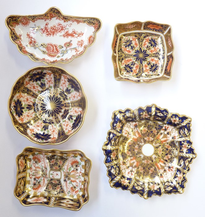 Five Royal Crown Derby trinket trays: Circular ten-lobed dish – 3.5in, 1128-1928; Fan, 407, 2649- - Image 2 of 2